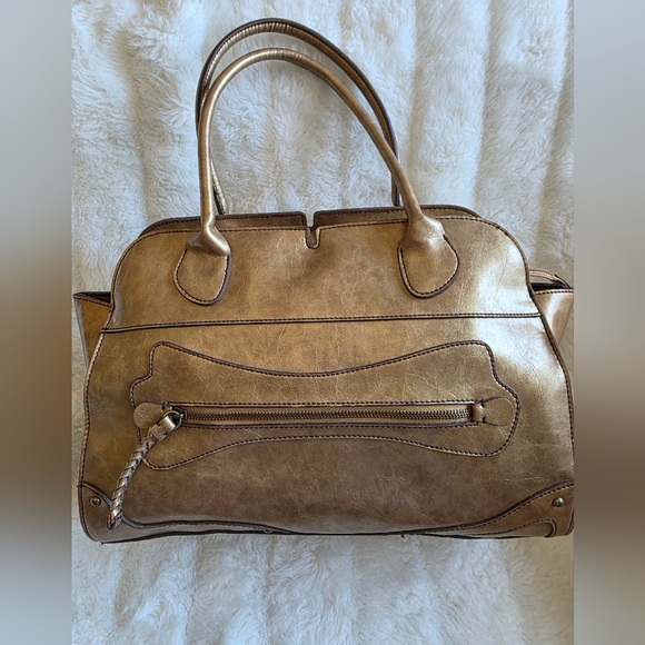 Tan Leather Satchel with Structured Design and Double Handles - Picture 1 of 16